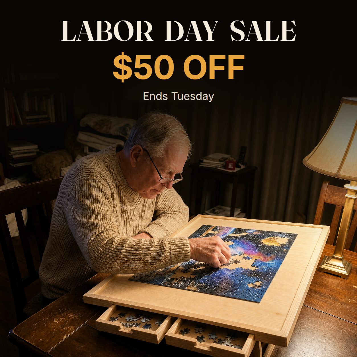 Labor Day Sale — fifty dollars off, ends Tuesday. An older man leans into a half-finished jigsaw on the MySlavko pale pine puzzle board, lit by a single lamp in an evening room, the board’s drawers eased open below him.